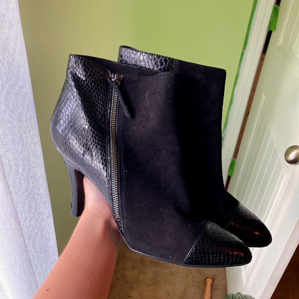 SOFFT Black Snakeskin and Suede High Heel Ankle Booties